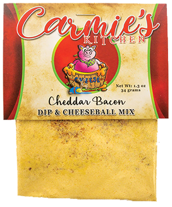 The Cheddar Bacon Dip Mix, 1.3 oz (34g), has vibrant packaging with a colorful logo and red border, embodying the smoky bacon essence and rich cheddar flavor that makes every bite delightful.