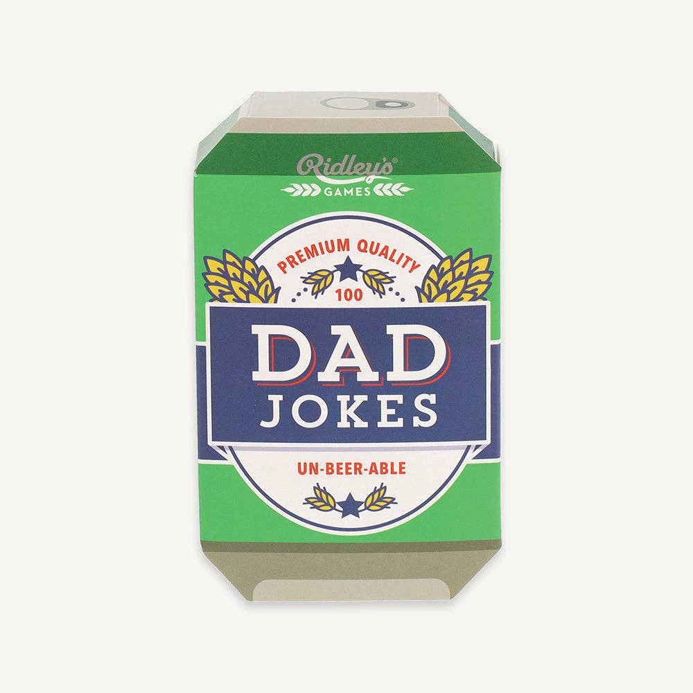 A can of 100 Dad Jokes beer on a white background, perfect for Father's Day gift.