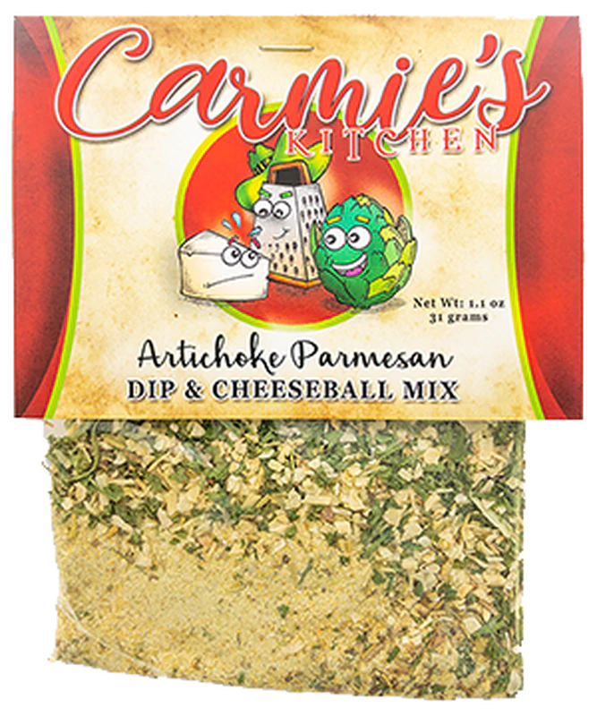 A packet of Artichoke Parmesan Dip Mix from Carmie's Kitchen, weighing 1.1 oz (31 grams), features illustrated images of ingredients on its label. This all-natural mix promises a creamy Parmesan experience perfect for your next gathering.