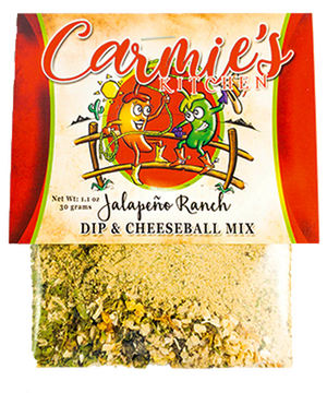 A 1.1oz package of Carmie's Kitchen Jalapeno Ranch Dip Mix, featuring fun cartoon pepper characters on the packaging, is perfect for adding a playful touch to your dip mixes. Enjoy the bold flavors and spicy green chiles in every bite!