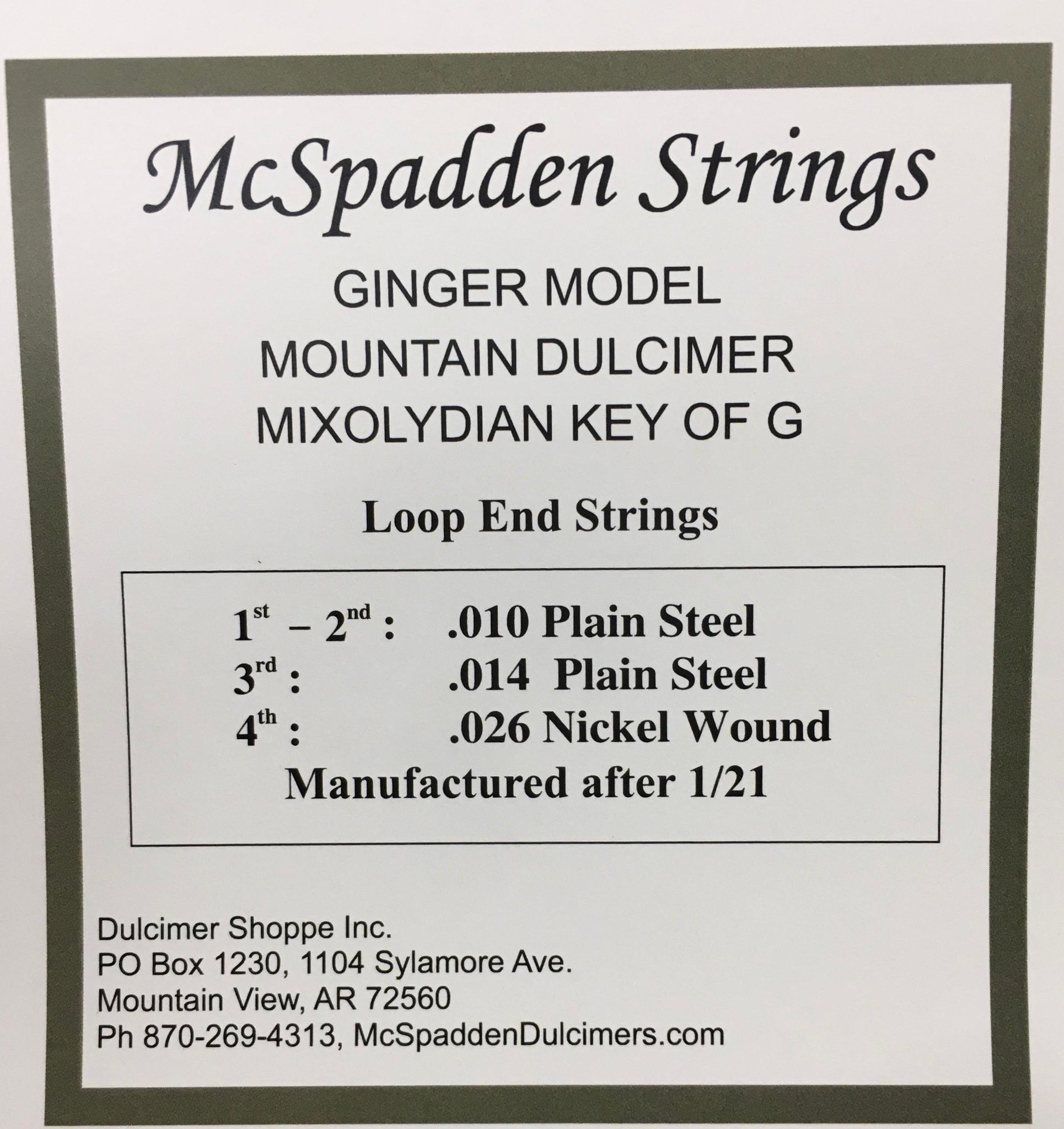 Dulcimer String Set Mixolydian String Set for Ginger Key of G Loop End - The Dulcimer Shoppe