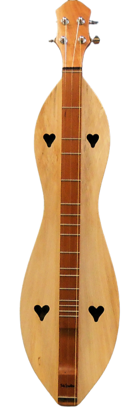 An 4 String Ginger, Flathead, Hourglass with Cherry back and sides, Spalted or Quartersawn Sycamore top (4FGCSY) guitar with a wooden body, featuring a nylon case and a Lifetime Warranty.