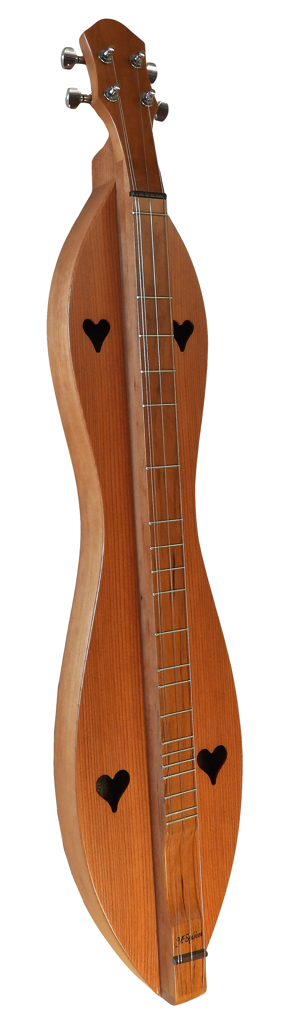 A 4 String, Flathead, Hourglass with Cherry back, sides and Redwood top (4FH26CR) dulcimer with a lifetime warranty on a white background.