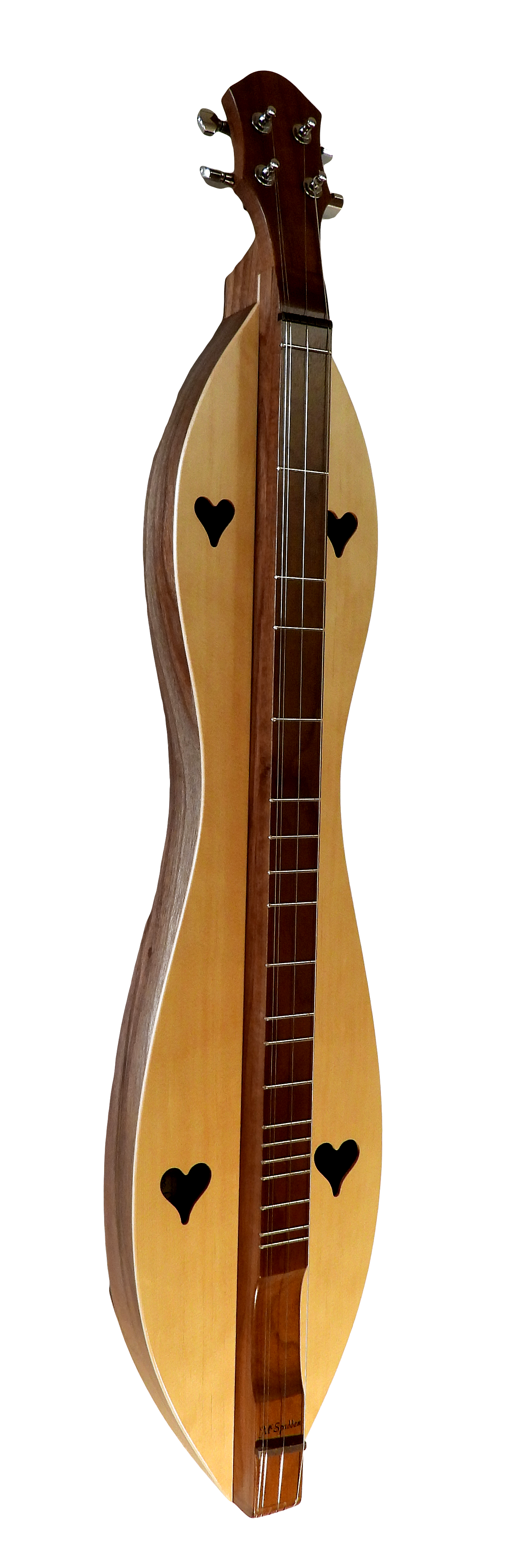 A 4 String, Flathead, Hourglass with Walnut back, sides and Spruce top (4FH26WS) acoustic guitar hanging on a wall.