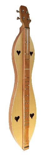 The 4FHCS is a handcrafted mountain dulcimer featuring four strings, flathead design, hourglass shape, cherry back and sides, spruce top, heart-shaped sound holes, and four tuning pegs.