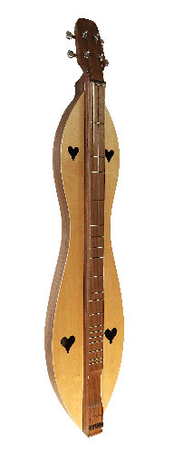 The 4FHWS dulcimer, featuring 4 strings, an hourglass shape, walnut back and sides, and a spruce top, is displayed upright against a white background.