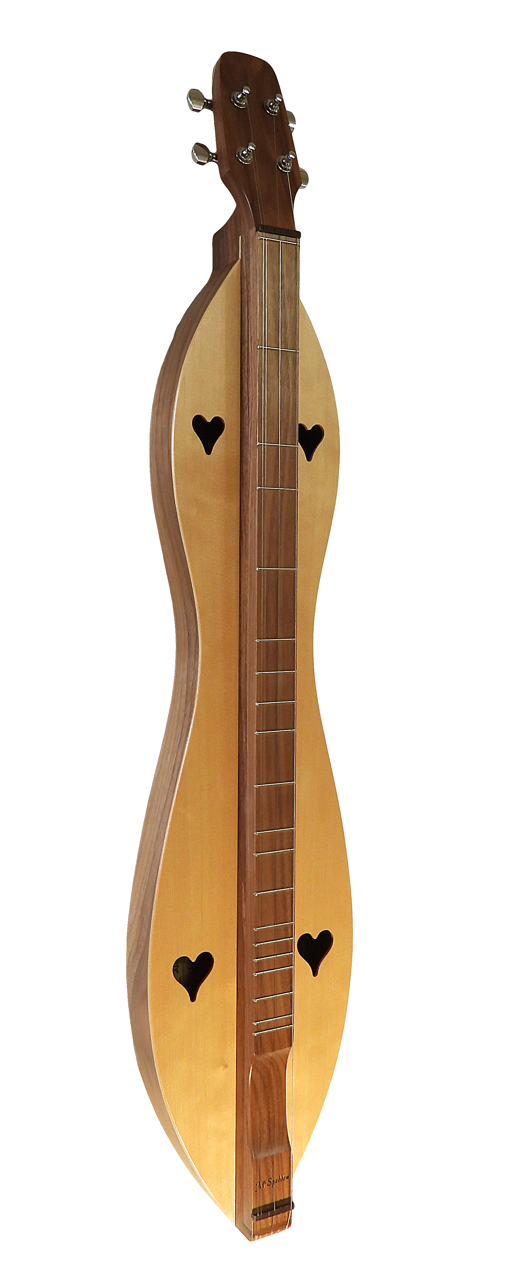 A 4 String, Flathead, Hourglass, with Walnut back and sides, Spruce top (4FHWS) mandolin with two hearts on it, backed by a lifetime warranty.