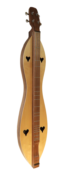 A 4 String, Flathead, Hourglass, with Walnut back and sides, Spruce top (4FHWS) mandolin with two hearts on it, backed by a lifetime warranty.