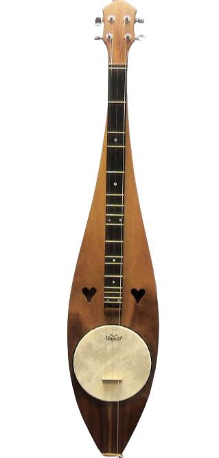 A Dulci-Banjo in all Walnut (4FJWW) with a teardrop shape, featuring a wooden body and neck, along with a lifetime warranty.
