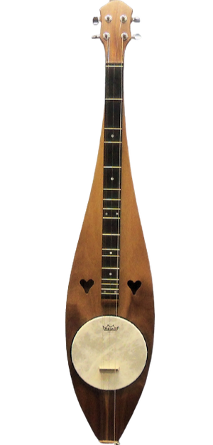 A Dulci-Banjo in all Walnut (4FJWW) with a teardrop shape, featuring a wooden body and neck, along with a lifetime warranty.