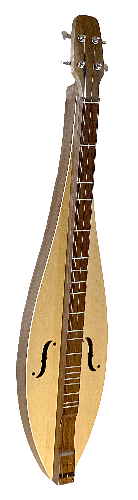 The 4FTWS Appalachian dulcimer, with four strings, a teardrop shape, walnut back and sides, spruce top, flathead design, and f-shaped sound holes, is displayed against a white background.