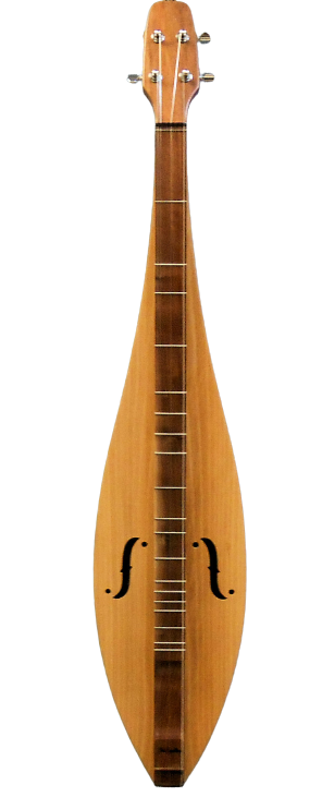 A handcrafted 4 String, Flathead, Teardrop with Walnut back and sides, Spalted or Quartersawn Sycamore top on a black background.