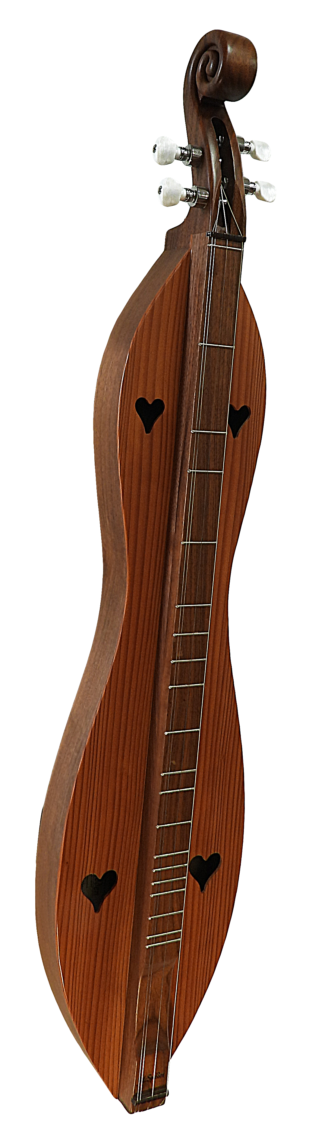 A 4 String, Scroll head, Hourglass with Walnut back and sides, Redwood top (4SHWR) dulcimer with a wooden neck, accompanied by a padded navy nylon case.