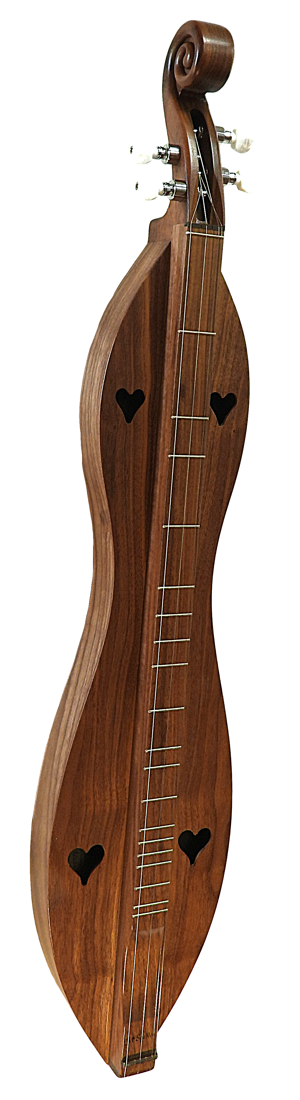 A 4 String, Scroll head, Hourglass with Walnut back, sides and top acoustic guitar on a white background.