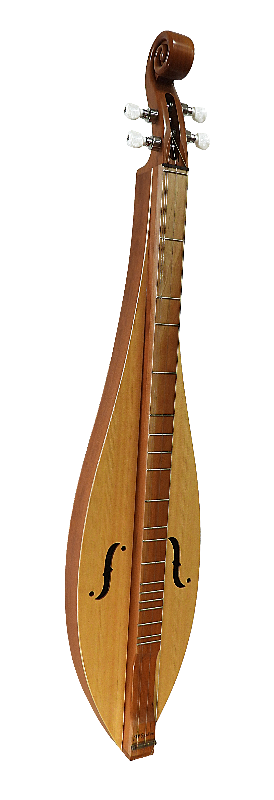 The 4STCS dulcimer features a teardrop shape, cherry back and sides, spruce top, scroll head, and four strings—perfect for beginners seeking a quality handcrafted instrument.