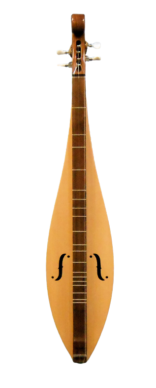 The 4STWS is a handcrafted Appalachian dulcimer with four strings, a scroll head, teardrop shape, walnut back and sides, and a spruce top—an heirloom instrument made for timeless melodies.