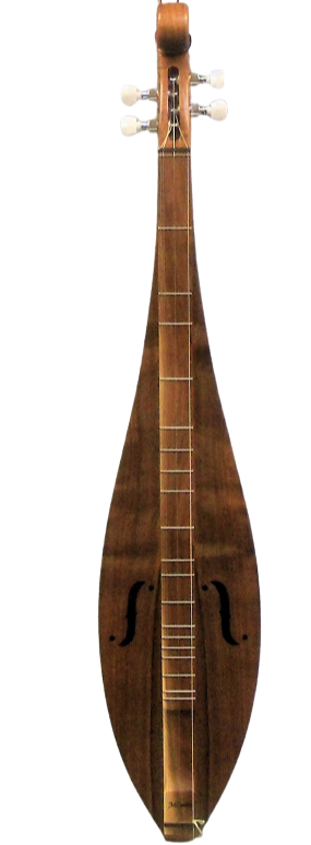 A handcrafted 4 String, Scroll head, Teardrop with Walnut back, sides, top (4STWW) dulcimer, perfect for music enthusiasts, showcased on a black background with a timeless appeal and offered with a lifetime warranty.