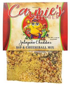 A delightful holiday gift, the clear package of Jalapeno Cheddar Dip Mix, 1.24 oz, features a charming cartoon chili pepper and cheese character on the label, blending jalapenos and chiles for a flavorful experience.