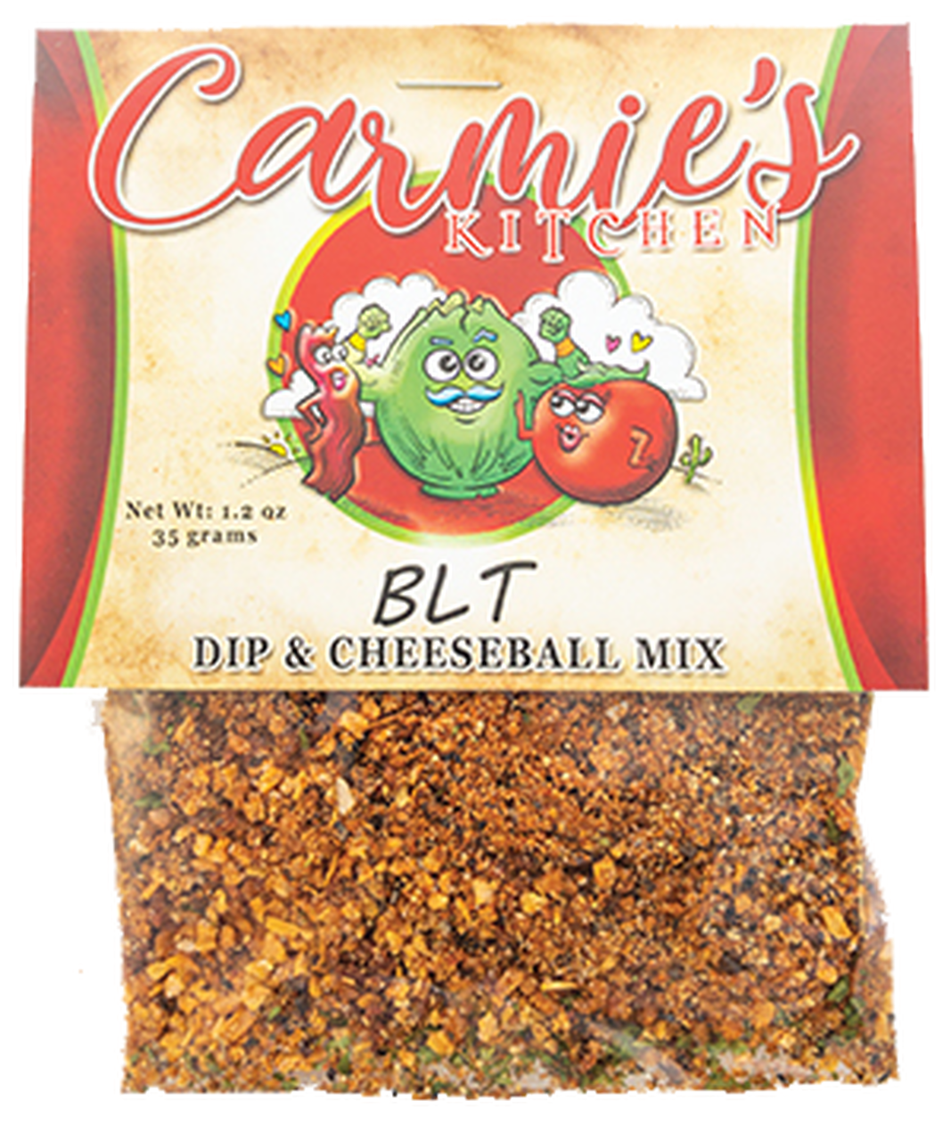 A package of BLT Dip Mix by Carmie's Kitchen, weighing 1.2 oz (35 grams), features a label with animated vegetables. Perfectly blended with sour cream, this mix brings out the classic flavors of bacon and tomatoes for a delightful appetizer.