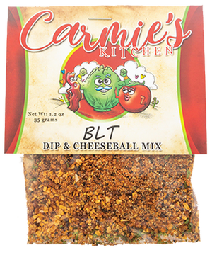 A package of BLT Dip Mix by Carmie's Kitchen, weighing 1.2 oz (35 grams), features a label with animated vegetables. Perfectly blended with sour cream, this mix brings out the classic flavors of bacon and tomatoes for a delightful appetizer.