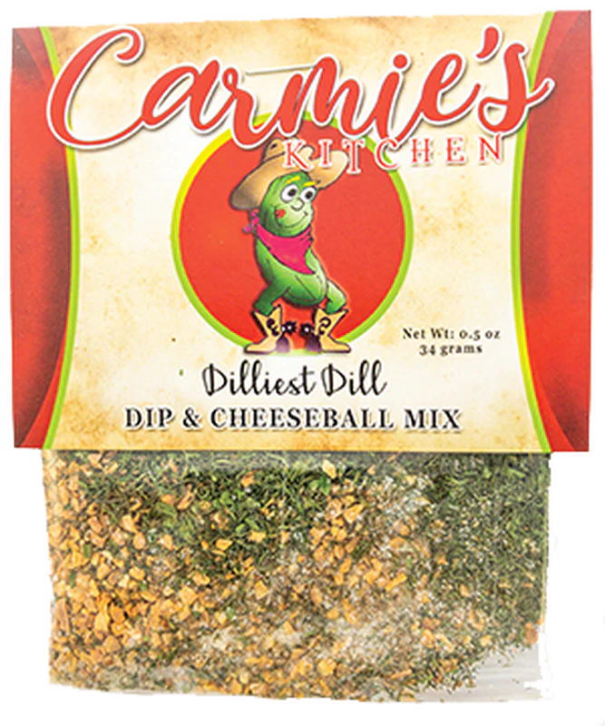 Package of Dilliest Dill Dip Mix by Carmie's Kitchen, 0.5 oz (34 grams), featuring a cartoon pickle on the label. This delicious dip mix makes for a delightful holiday gift!