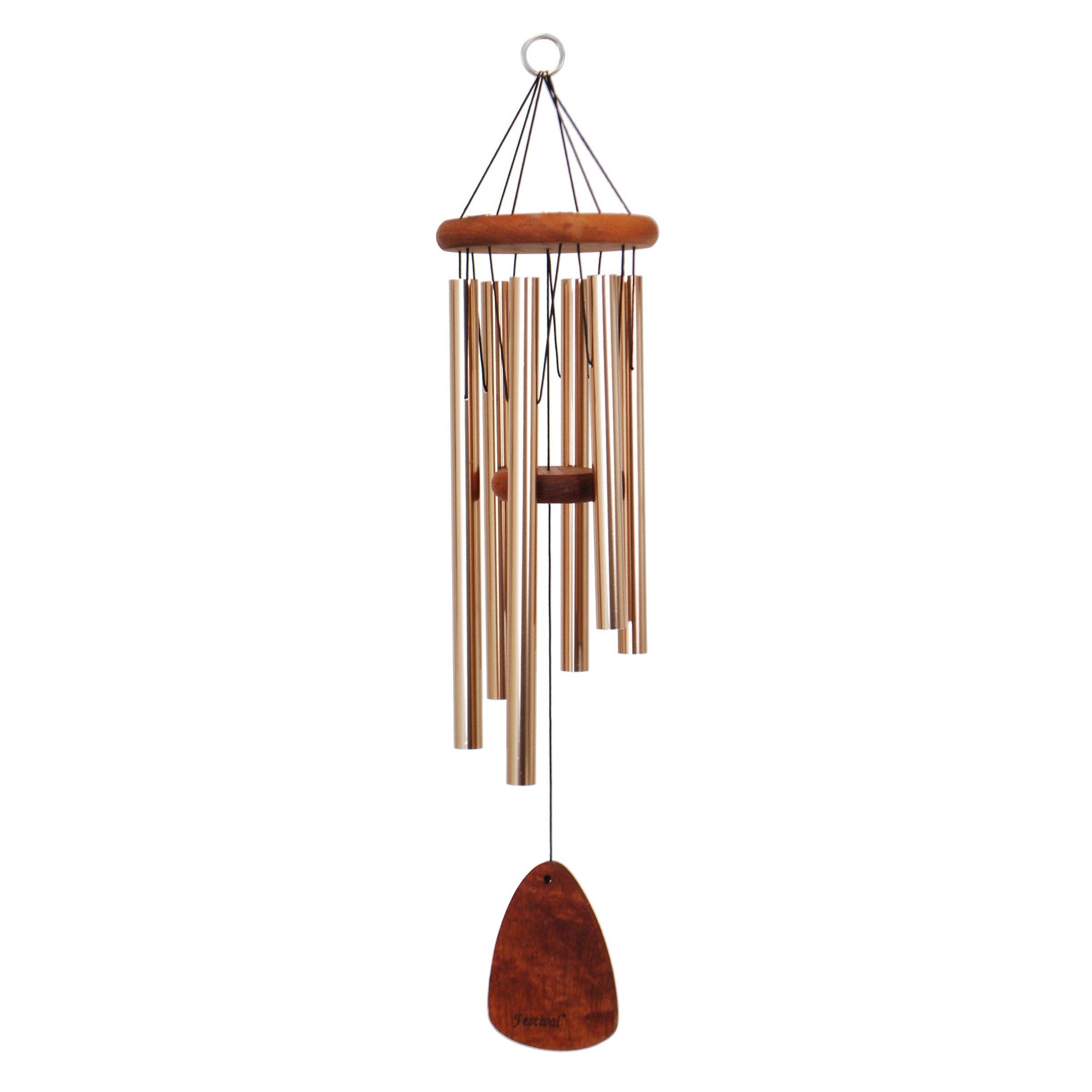 A Festival® 30-inch Windchime hanging on a white background, providing comfort with its gentle chime.