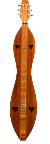 A McSpadden 6 String Flathead Hourglass dulcimer (6FHCR) with a cherry back and sides, redwood top, elegantly fretted neck, and heart-shaped sound holes.