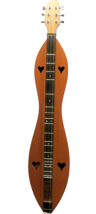 A 6 String Baritone, Flathead, Hourglass with Walnut back and sides, Redwood top (6FHWRB) dulcimer, offering a lifetime warranty. Image shown with upgraded Ebony Fretboard.