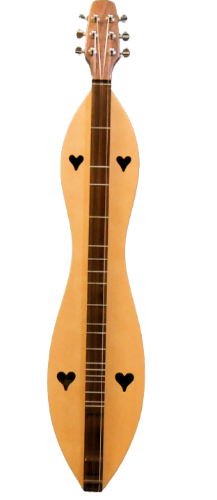 Expertly handcrafted, the 6FHWS dulcimer features a flathead, hourglass shape with walnut back and sides, spruce top, four heart-shaped sound holes, six tuning pegs, and is displayed on a white background.