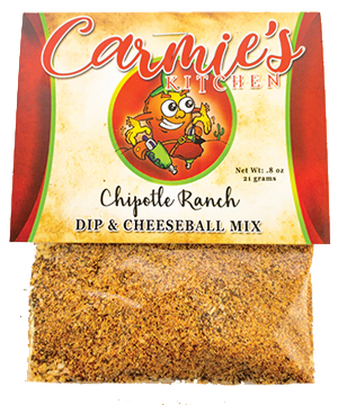 The Chipotle Ranch Dip Mix, 0.8 oz package from Carmie's Kitchen, expertly blends smoked jalapeno heat with classic ranch for a bold and delicious dip mix.