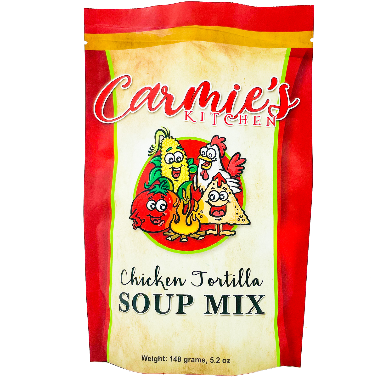 The Chicken Tortilla Soup Mix from Carmie's Kitchen comes in a festive red and yellow package, weighing 148 grams (5.2 oz). Ideal as a holiday party hostess gift, the packaging is adorned with charming cartoon vegetables and cheese around a fire.