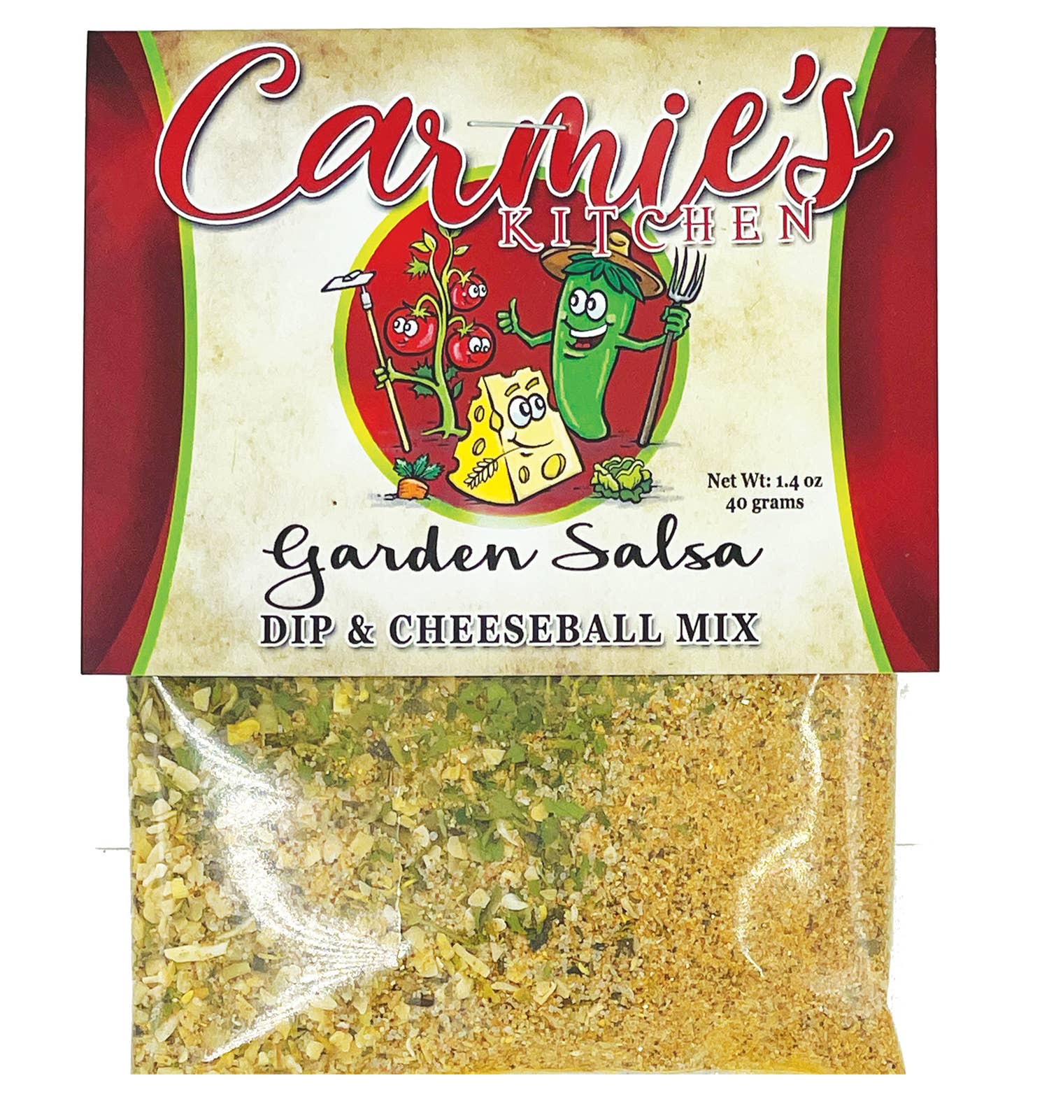 Package of Garden Salsa Dip Mix, 1.4 oz. Infused with Pueblo chiles, it contains dried ingredients for a flavorful dip creation.