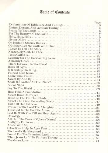 Image of a page displaying a collection of hymn titles and their corresponding page numbers from The Dulcimer Hymn Book by Bud and Donna Ford, formatted in a simple, classic font.