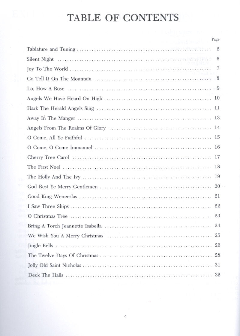 Table of contents page from A Dulcimer Christmas Book by Bud and Donna Ford, listing traditional Christmas hymns with their corresponding page numbers, titled from "Silent Night" to "Deck the Halls.