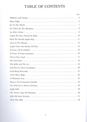 Table of contents page from A Dulcimer Christmas Book by Bud and Donna Ford, listing traditional Christmas hymns with their corresponding page numbers, titled from "Silent Night" to "Deck the Halls.