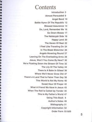 The contents of Simply Gospel - by Maureen Sellers, including hymns, spirituals, and old-time gospels, are shown on a page.