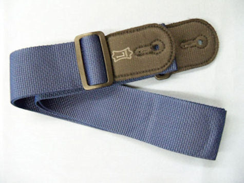 An adjustable nylon strap - navy with a metal buckle.