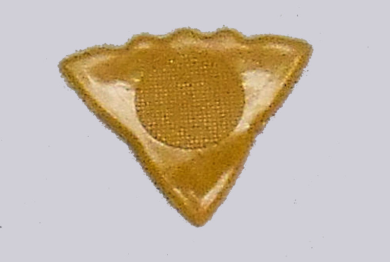 A triangular yellow Herdim Pick with a textured circle center, inspired by dulcimer grips, on a plain gray background.
