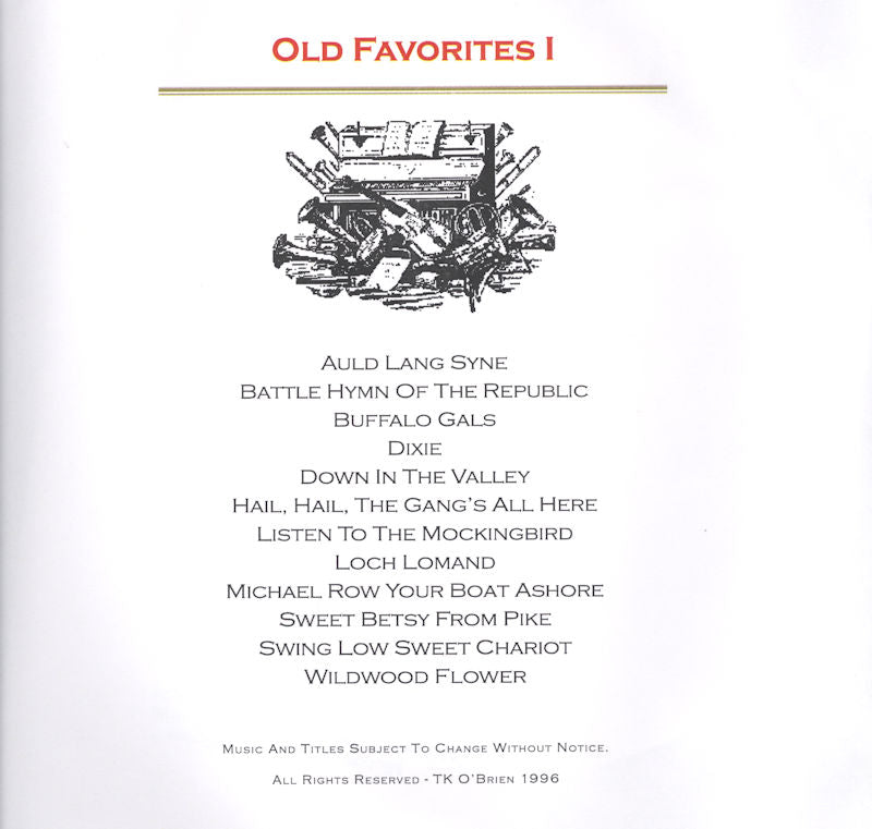 An open book titled "Old Favorites I Lap Harp Packet" featuring a collection of old favorite songs for the lap harp and cards.