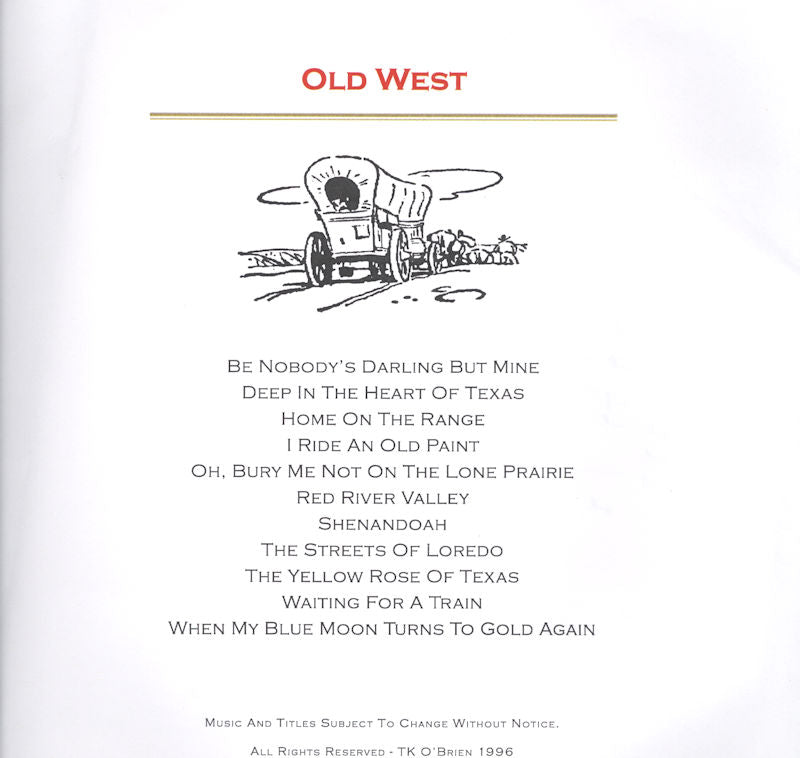 A book with an illustration of an Old West train and Old West Lap Harp Packet cards.