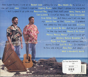 Two men with guitars stand in front of a scenic backdrop, underlined by playful text crafted from song titles. At the bottom right, a price tag for "On Their Best Behavior" by David Moran and Joe Morgan is visible.