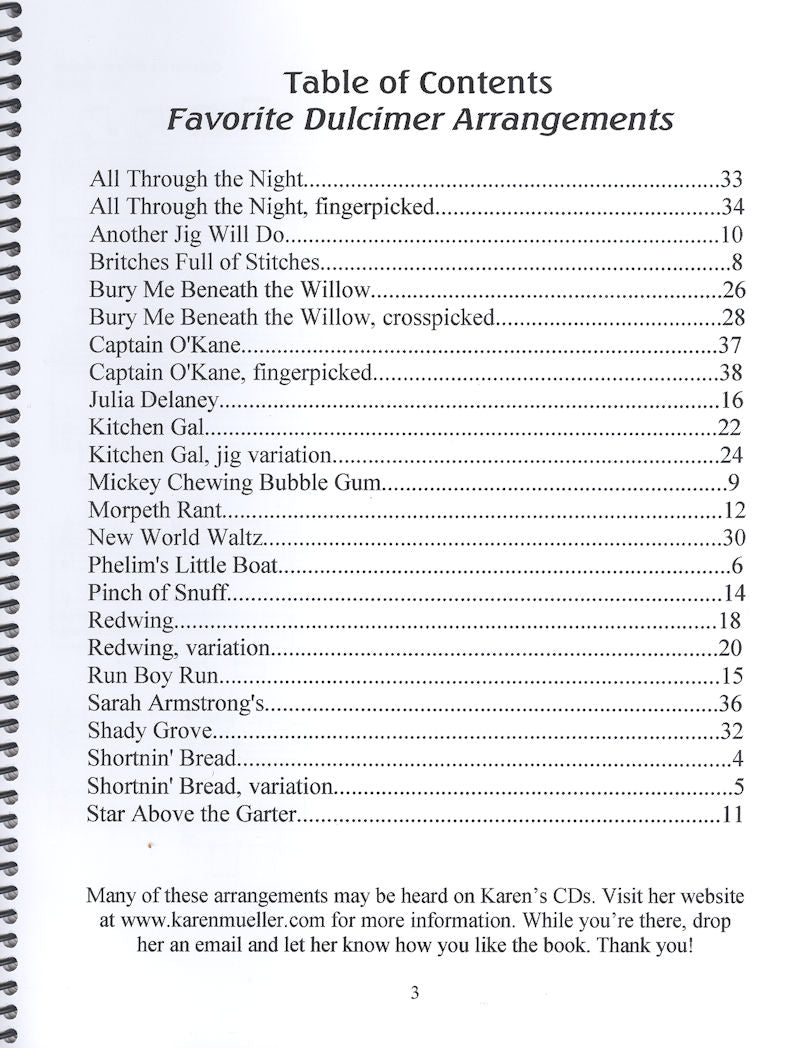 Table of contents from the book "Favorite Dulcimer Arrangements - by Karen Mueller" featuring traditional American and Celtic tunes with their respective page numbers.
