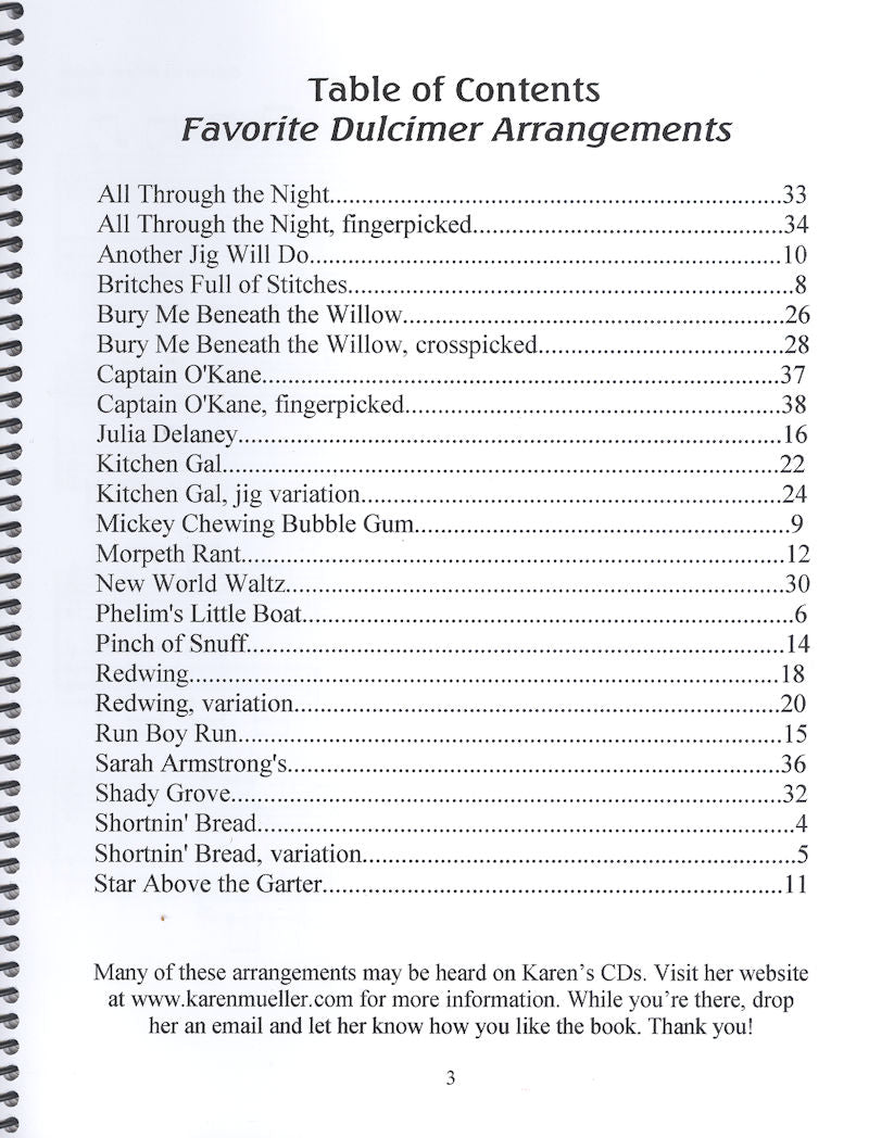 Dive into an extensive table of contents featuring "Favorite Dulcimer Arrangements by Karen Mueller," highlighting a variety of American and Celtic tunes. Each entry includes page numbers and the author's contact details. Enhance your playing experience with melodies refined by expert fingerpicking techniques.