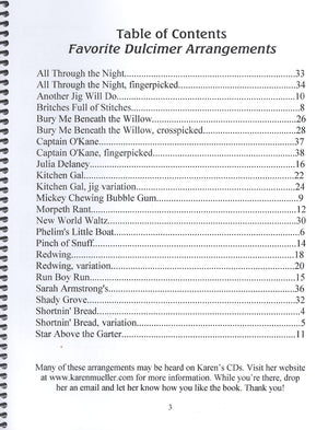 Table of contents from the book "Favorite Dulcimer Arrangements - by Karen Mueller" featuring traditional American and Celtic tunes with their respective page numbers.