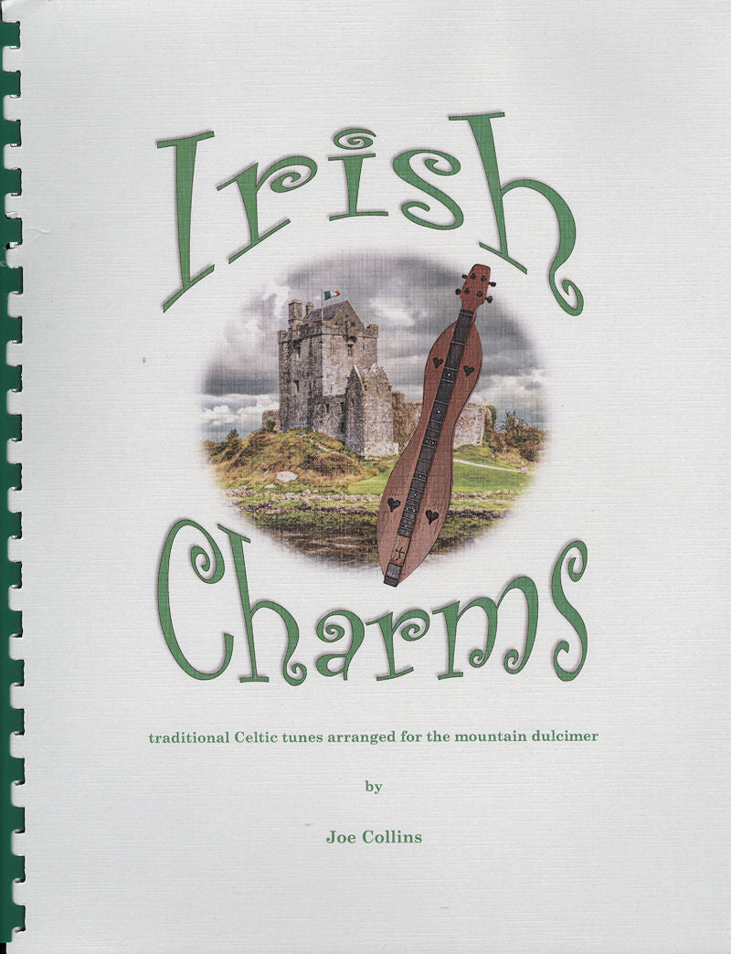Cover of the book "Irish Charms by Joe Collins," featuring traditional Celtic tunes for the mountain dulcimer, with an illustration of a castle and a dulcimer, plus an accompanying CD.