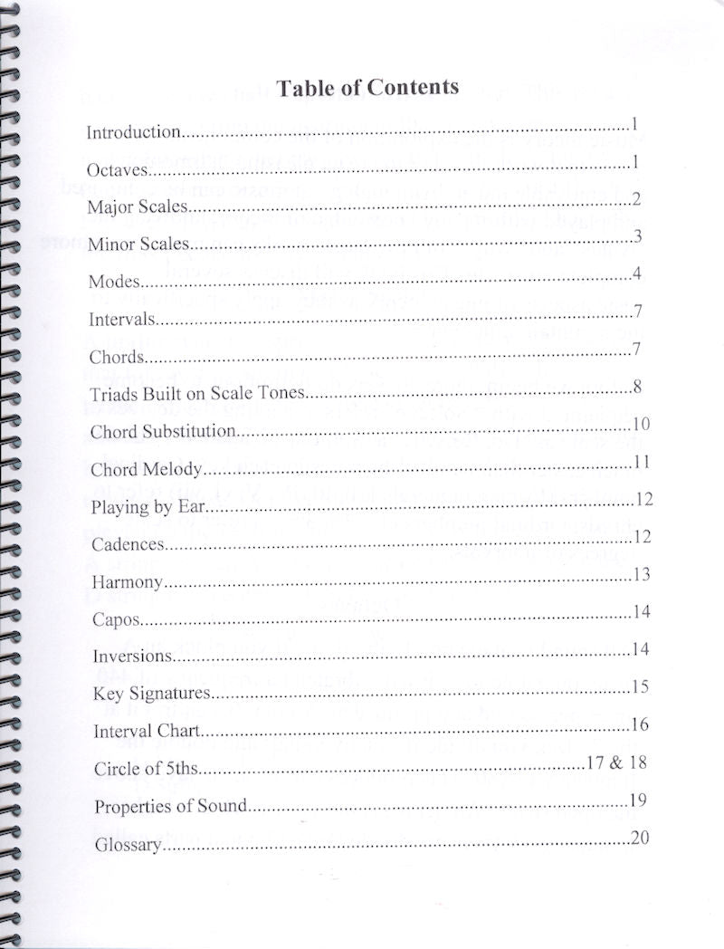 A spiral notebook with a table of contents for organizing components of Music Theory for Mountain Dulcimer - by Jim Miller.
