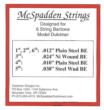 McSpadden's 6 String Baritone String Set BALL End packaging details gauge, Nickel Wound and Plain Steel options, and convenient Ball Ends. Company contact info is provided for further inquiries.