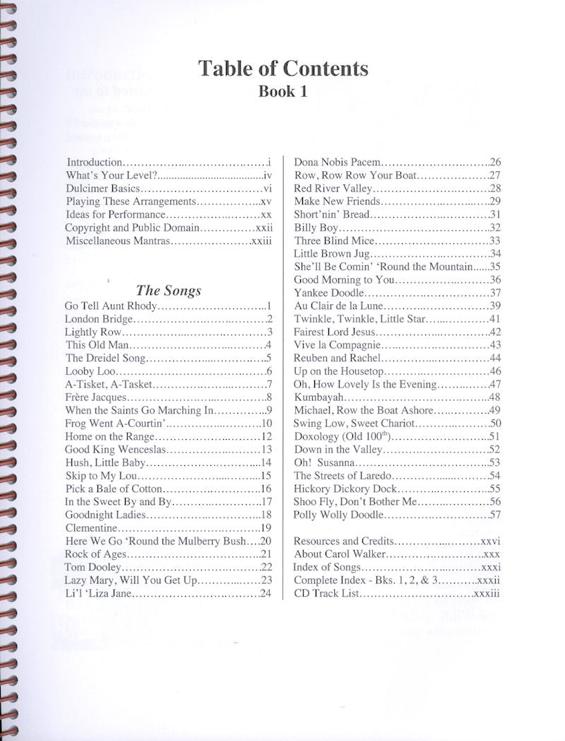 Table of contents for DNA* Dulcimer Ditties, Book 1 - Carol Walker featuring Carol Walker's songs.