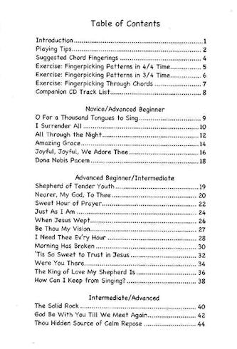 A sheet of paper with a list of songs, including Finger Picked Hymns for Mountain Dulcimer - by Heidi Muller arrangements and playing tips.