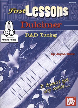 Cover of the 'First Lessons Dulcimer DAD Tuning by Joyce Ochs' instruction book with a close-up image of a dulcimer and notations for online.